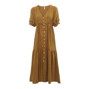 RYLEE + CRU  Mandi Dress - Camel- Brown - Maxi Puff Sleeve Dress Boho Chic